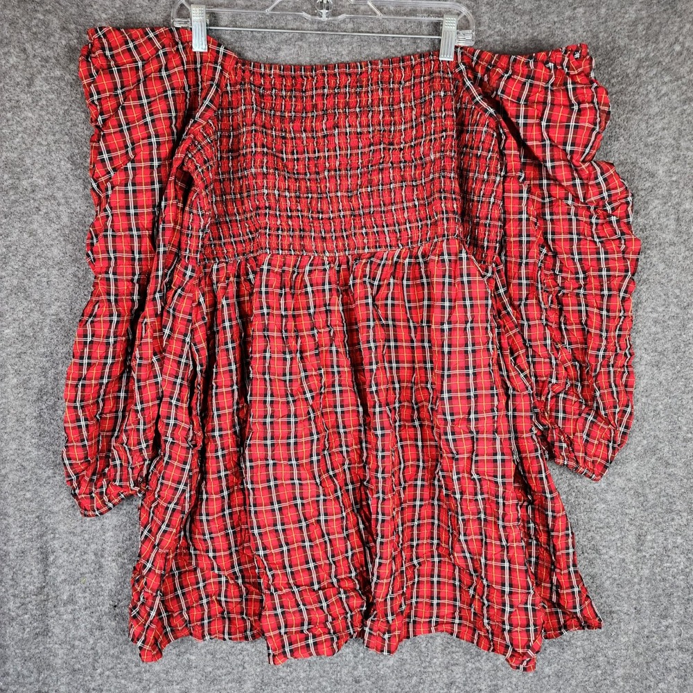 Old Navy Top Womens XXL Smocked Off-the-Shoulder Red Plaid Long Sleeve EUC